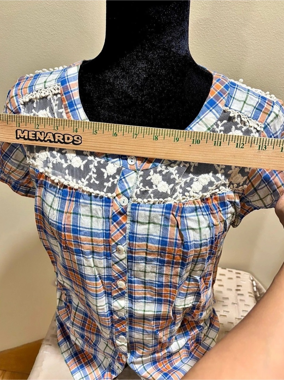 Plaid Lace Yoke Tie Hem Top in Blue & Orange